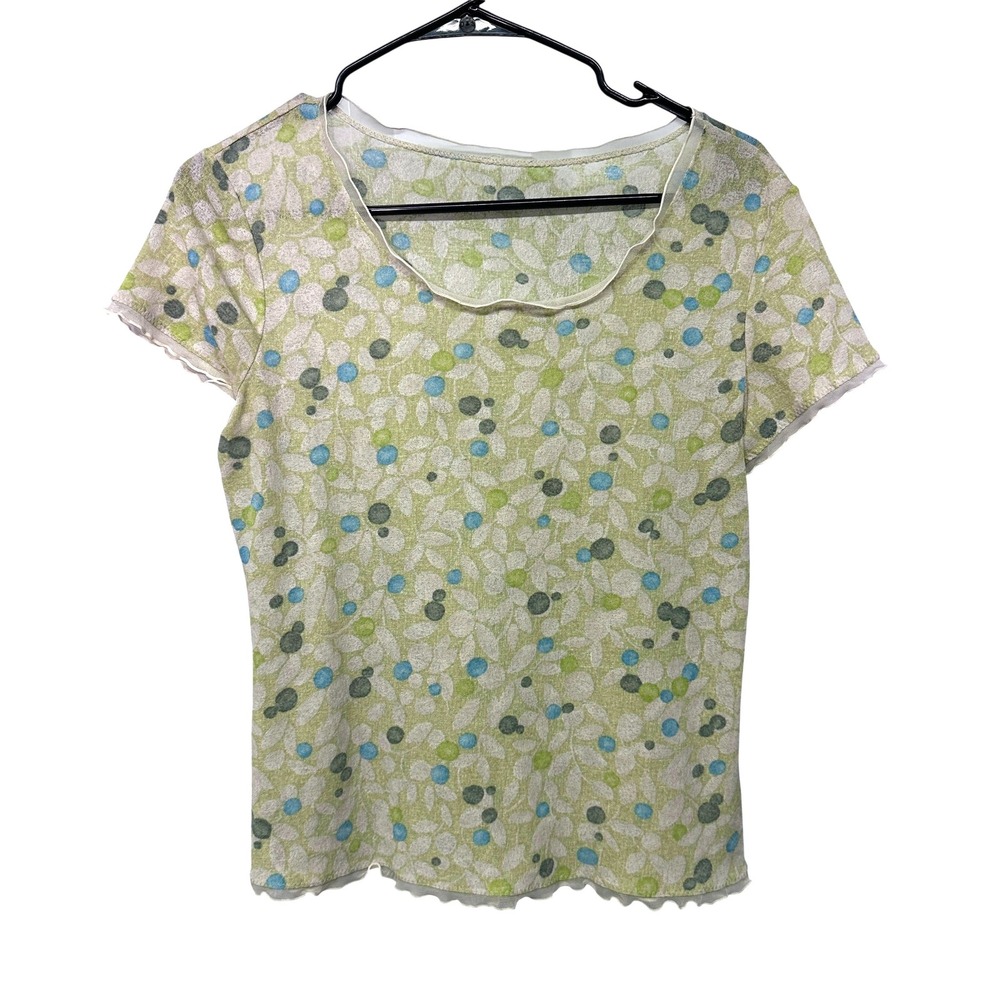 Vintage Y2K Mesh Sheer Euro Baby Tee Sage Lettuce Edge Short Sleeve Top L